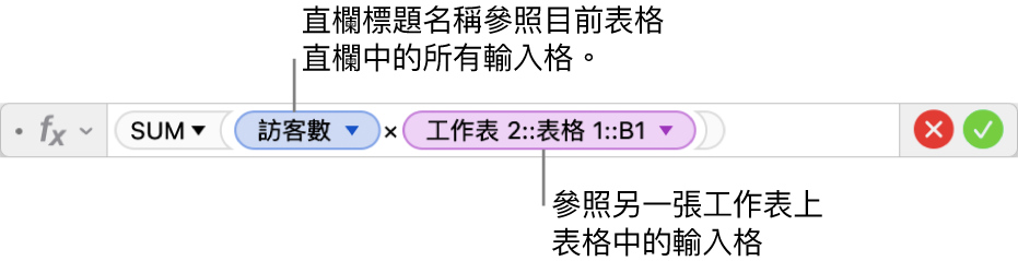 顯示公式的「公式編輯器」,其參照一個表格中的直欄與另一個表格中的輸入格。