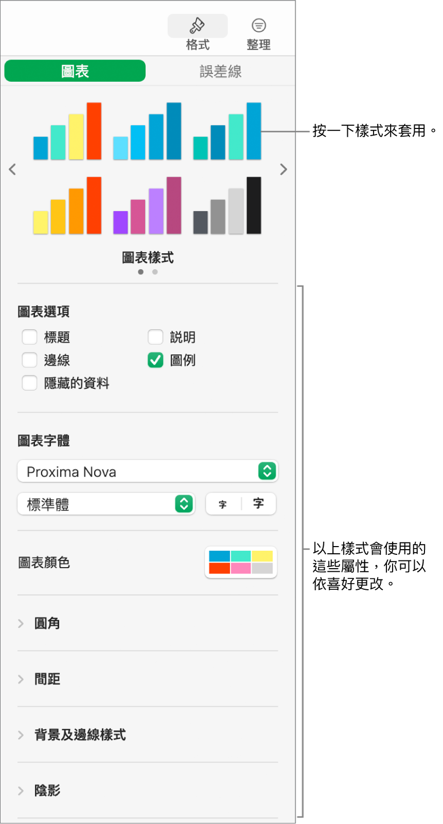 顯示格式畫圖表之控制項目的「格式」側邊欄。