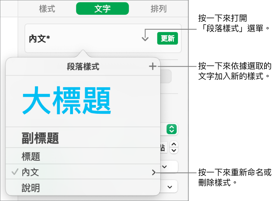 「段落樣式」選單，顯示用於加入或更改樣式的控制項目。