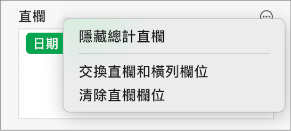 「更多欄位選項」選單，顯示隱藏總計的控制項目、交換直欄和橫列欄位，以及清除欄位。