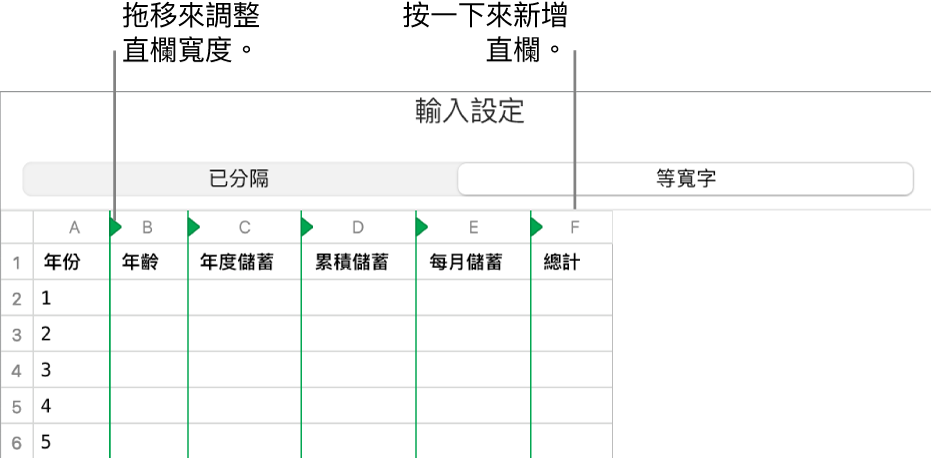 等寬文字檔案的輸入設定。