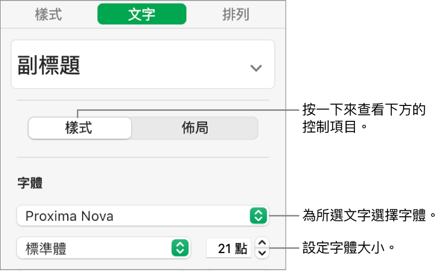 「格式」側邊欄「樣式」區域中的文字控制項目，可設定字體和字體大小。