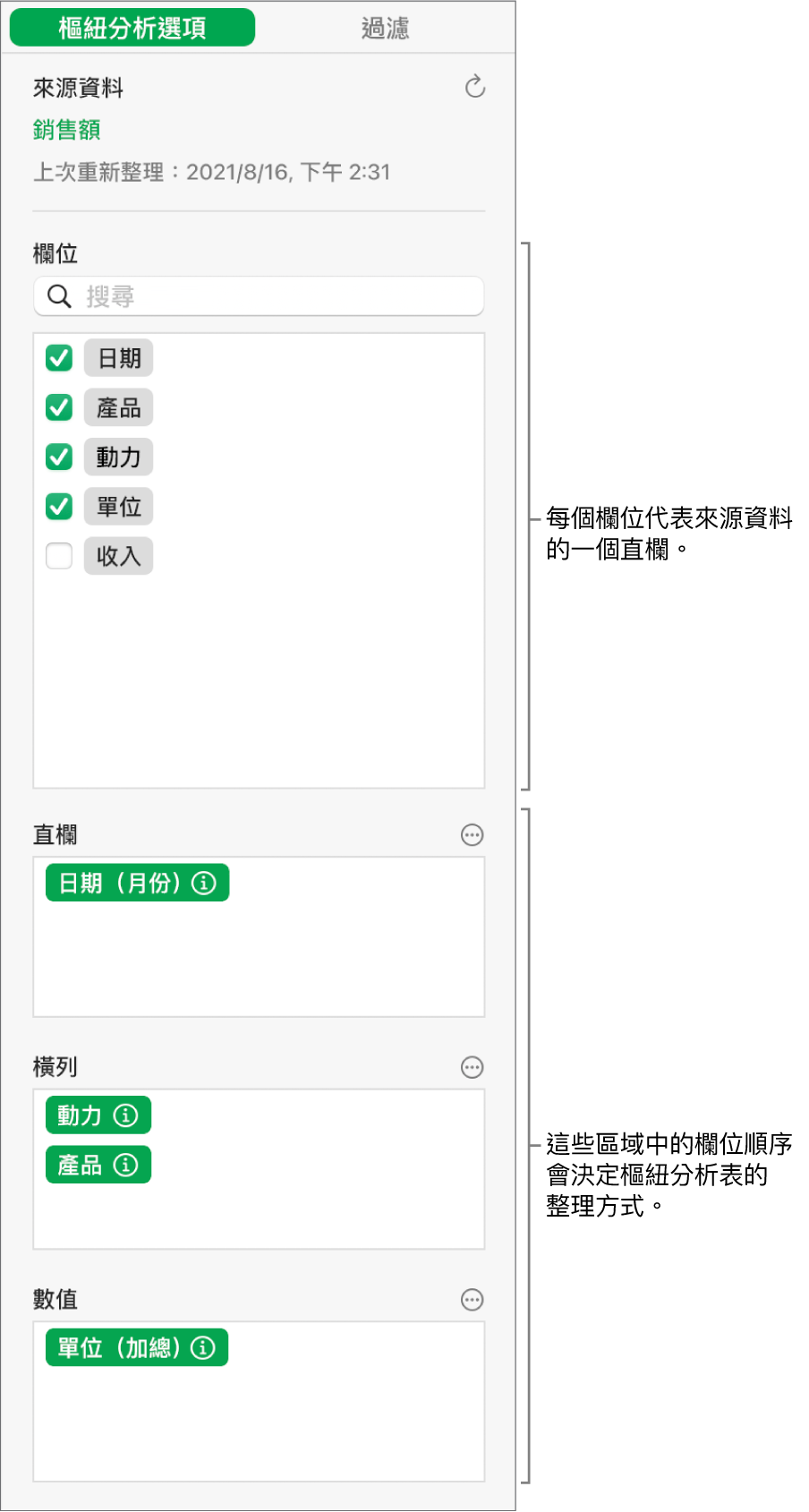 顯示直欄、橫列和數值區域中欄位的「樞紐選項」選單，以及編輯欄位和重新整理樞紐分析表的控制項目。