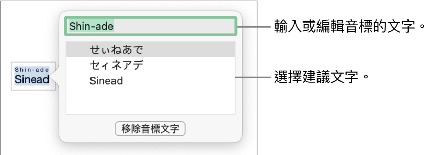 單字已啟用音標，帶有文字欄位和建議文字的說明文字。