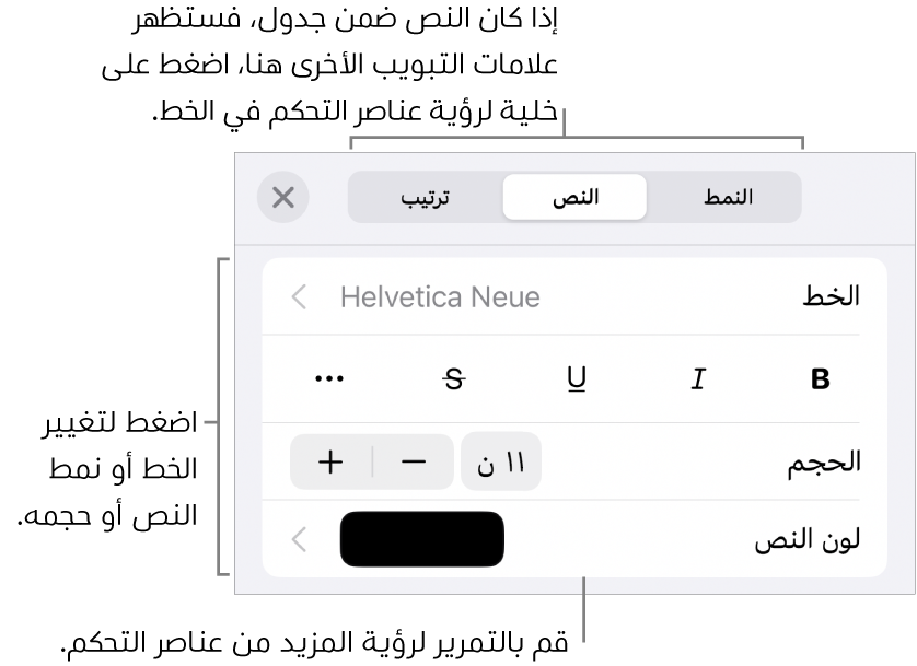 عناصر التحكم في النص في قائمة التنسيق لإعداد أنماط الأحرف والفقرات، والخط، والحجم، واللون.