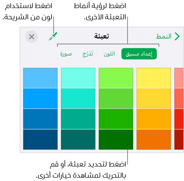 خيارات تعبئة في علامة تبويب النمط الخاص بزر التنسيق.