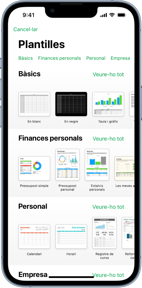 El selector de plantilles, amb una fila de categories a la part superior que pots tocar per filtrar les opcions. A sota hi ha miniatures de plantilles predissenyades ordenades en files per categoria: la primera, a la part superior, és Recents, seguida per Bàsiques i Finances personals. Es mostra el botó “Mostra-ho tot” a la part superior i a la dreta de cada fila de categories. El botó d’idioma i regió és a l’angle superior dret.