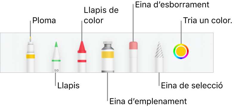 La barra d’eines de dibuix al Numbers de l'iPhone, amb una ploma, un llapis, un llapis de colors, l’eina d’emplenament, l’eina d’esborrament, l’eina de selecció i la paleta de colors que mostra el color actual.