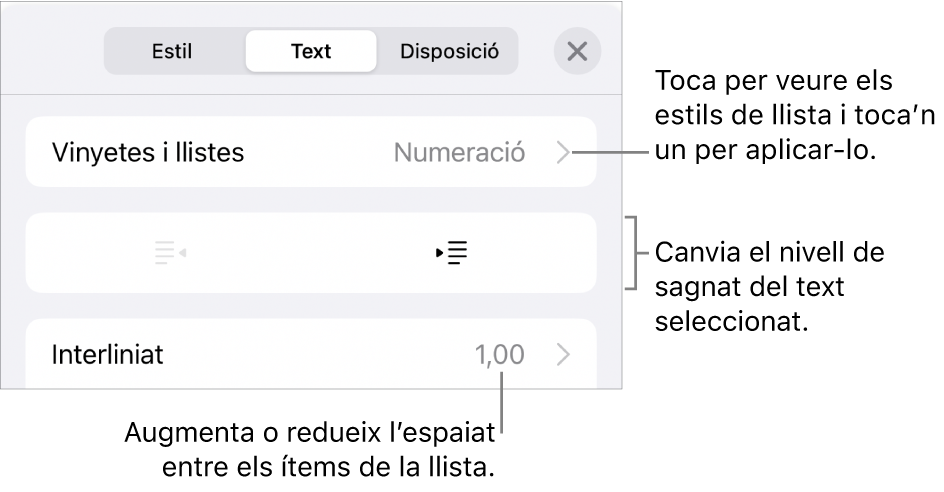 La secció “Vinyetes i llistes” dels controls de Format amb llegendes de “Vinyetes i llistes”, botons de sagnat i de sagnat esquerre, i controls d’interlineat.