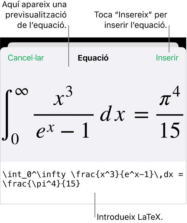 El quadre de diàleg Equació amb una equació escrita amb ordres LaTeX i una previsualització de la fórmula al damunt.