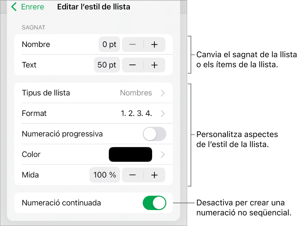 El menú “Edita l’estil de llista” en què es mostren els controls de l’espaiat de sagnat, tipus i format de la llista, numeració progressiva, color i mida de la llista i numeració contínua.