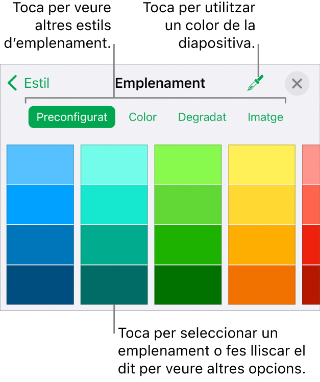 Opcions d’emplenament de la pestanya Estil del botó Format.