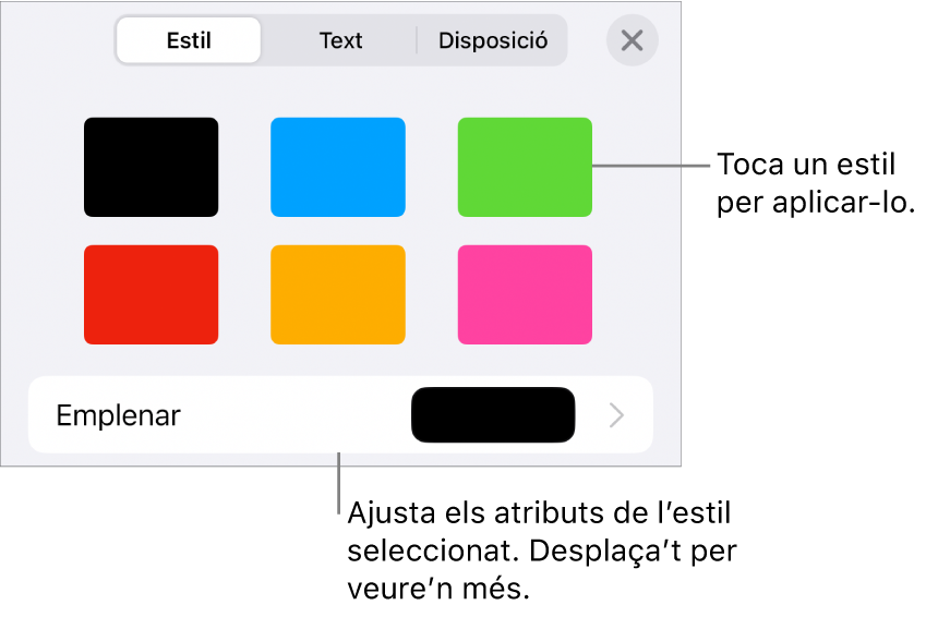 Pestanya Estil del menú Format amb estils d’objecte a la part superior i un control a sota per canviar l’emplenament.