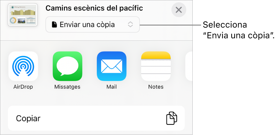 Menú “Comparteix” amb l’opció “Envia una còpia” seleccionada a la part superior.