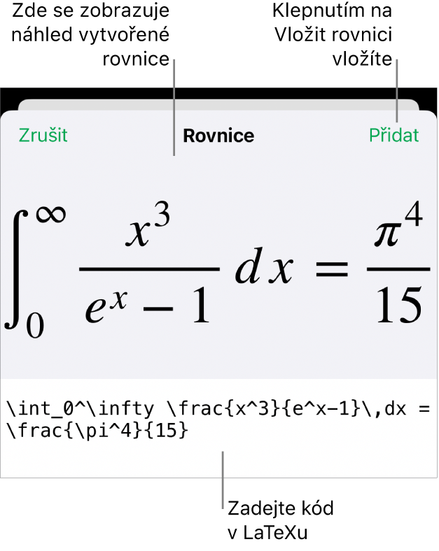 Dialogové okno Rovnice, v němž se zobrazuje zápis rovnice pomocí příkazů LaTeXu a nad ním náhled výsledného vzorce