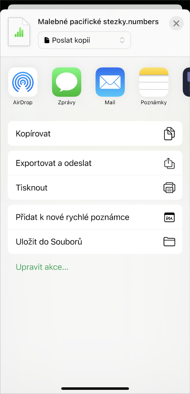 Okno Numbers s nabídkou Sdílet, která obsahuje volby pro odeslání kopie tabulky, pro export a odeslání v jiném formátu, pro tisk a pro uložení tabulky do aplikace Soubory.