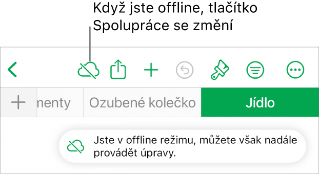 Tlačítka u horního okraje obrazovky, mezi nimiž je tlačítko Spolupráce změněné na ikonu mraku přeškrtnutého diagonální linkou. Na obrazovce se zobrazí upozornění „Jste v offline režimu, můžete však nadále provádět úpravy.“