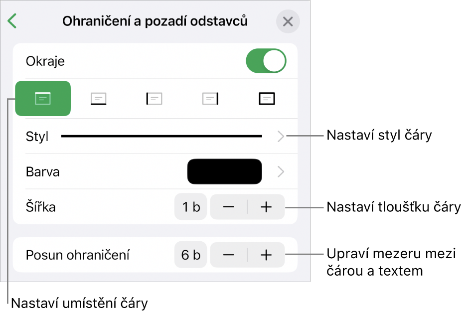 Ovládací prvky pro změnu stylu čáry, její tloušťky, umístění a barvy