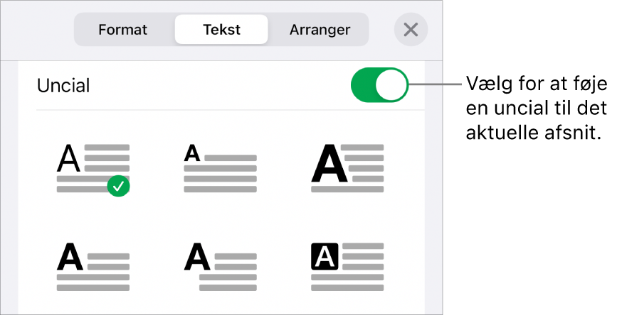 Betjeningsmulighederne til Uncial placeret i menuen Tekst.