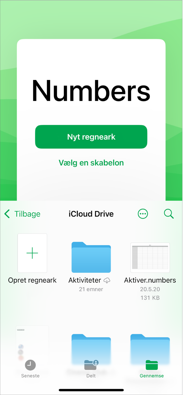 Dokumentadministrationen i Numbers med knapper øverst på skærmen til at oprette et nyt regneark eller vælge en skabelon og betjeningsmuligheder nederst til at åbne gemte regneark.