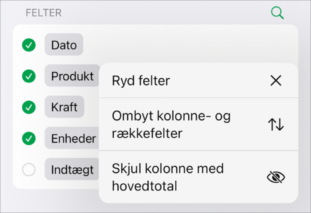 Menuen Flere feltindstillinger, der viser betjeningsmulighederne for at skjule hovedtotaler, bytte kolonne- og rækkefelter og rydde felter.