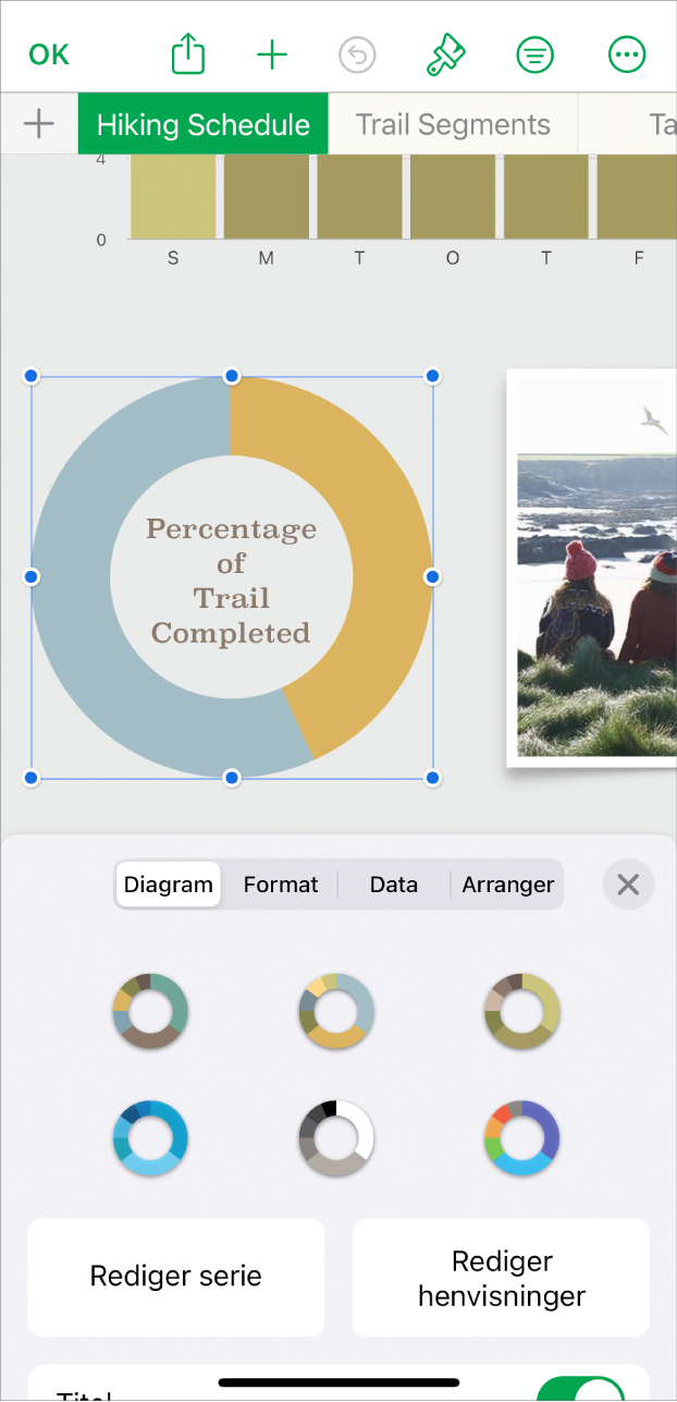 Et lagkagediagram, der viser procentdelen af tilbagelagte vandrestier. Formatmenuen er også åben og viser forskellige diagramformater, der kan vælges mellem, og muligheder for at redigere serie- eller diagramhenvisninger og slå diagramtitlen til eller fra.