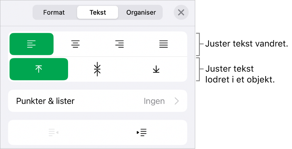 Layout i Info om format med billedforklaringer til knapperne til justering af tekst og afstand.