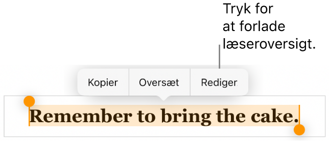 En sætning er valgt, og over den ses en kontekstmenu med knapperne Kopier og Rediger.