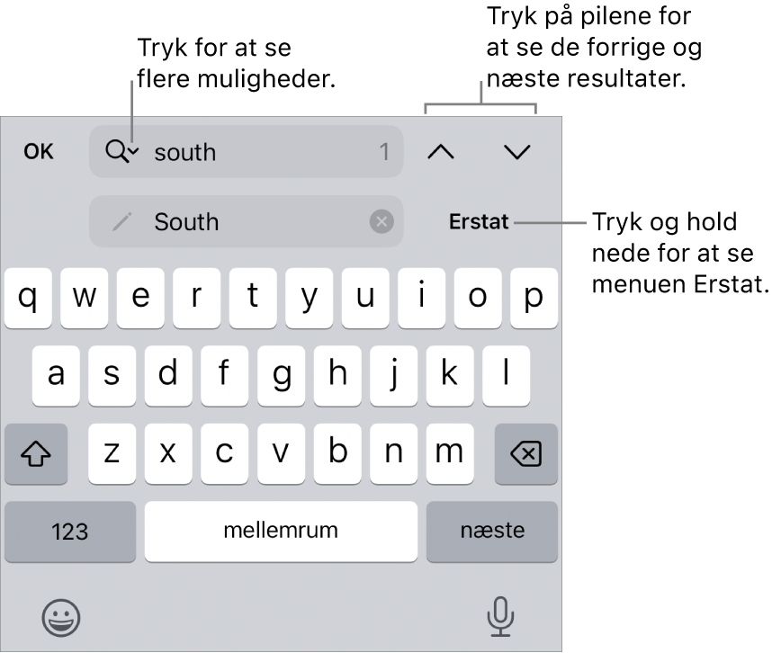 Betjeningsmulighederne til Find & erstat over tastaturet med billedforklaringer til knapperne Søgeindstillinger, Erstat, Gå op og Gå ned.