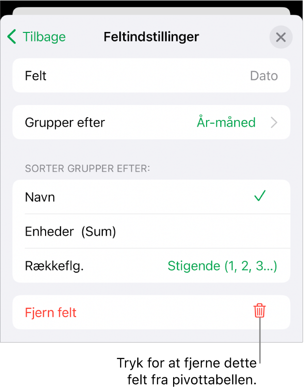 Menuen Feltindstillinger, der viser betjeningsmulighederne til at gruppere og sortere data samt muligheden for at fjerne et felt.