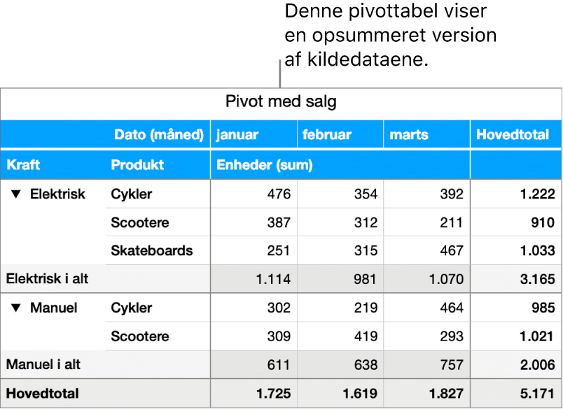 En pivottabel med opsummerede data og betjeningsmuligheder, der kan vise bestemte data.