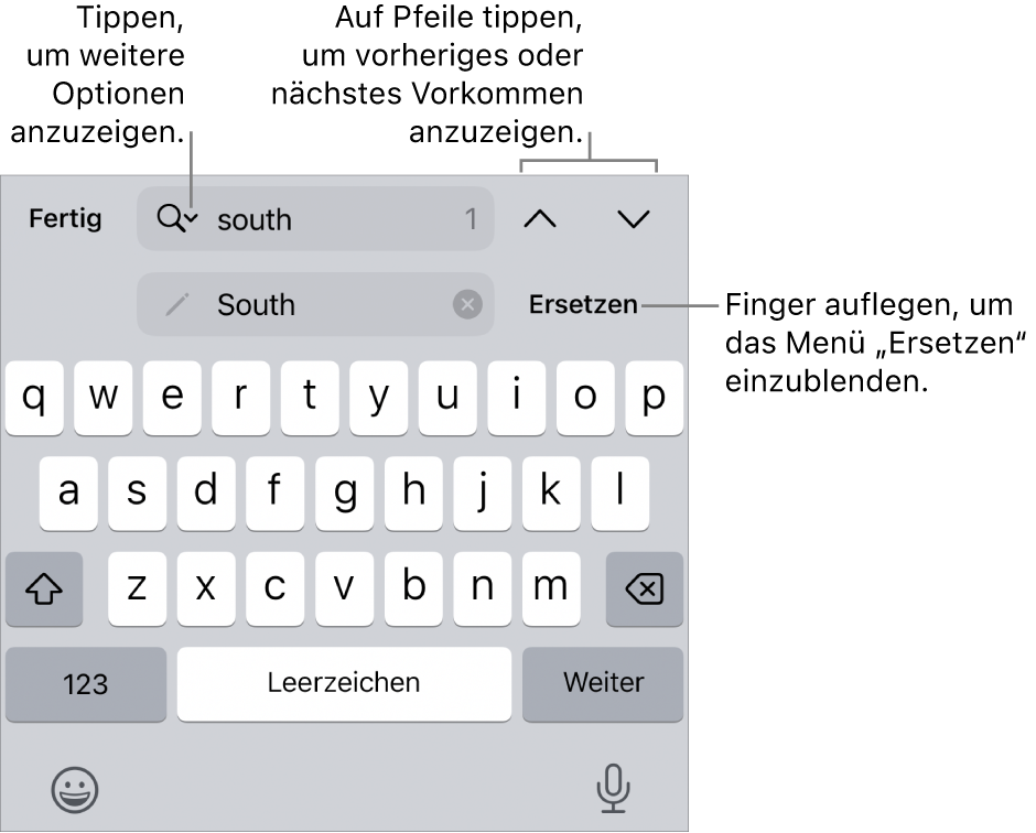 Die Steuerelemente „Suchen & Ersetzen“ über der Tastatur mit Beschreibungen zur Taste für Suchoptionen, zur Taste „Ersetzen“ und zu den Aufwärts- und Abwärts-Tasten.