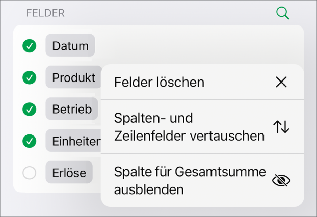 Das Menü „Feldoptionen“ mit Steuerelementen zum Ausblenden der Gesamtsummen, zum Vertauschen der Spalten- und Zeilenfelder und zum Löschen von Feldern.