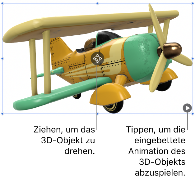 Ein 3D-Objekt mit der Taste „Drehen“ in der Mitte des Objekts und der Wiedergabetaste in der rechten unteren Ecke