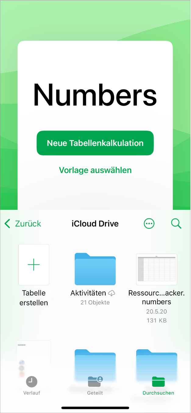 Der Dokumentenmanager von Numbers mit Tasten, mit denen du eine neue Tabellenkalkulation erstellen kannst oder oben eine Vorlage auswählen kannst, sowie Steuerelemente zum Öffnen gesicherter Tabellenkalkulationen unten.