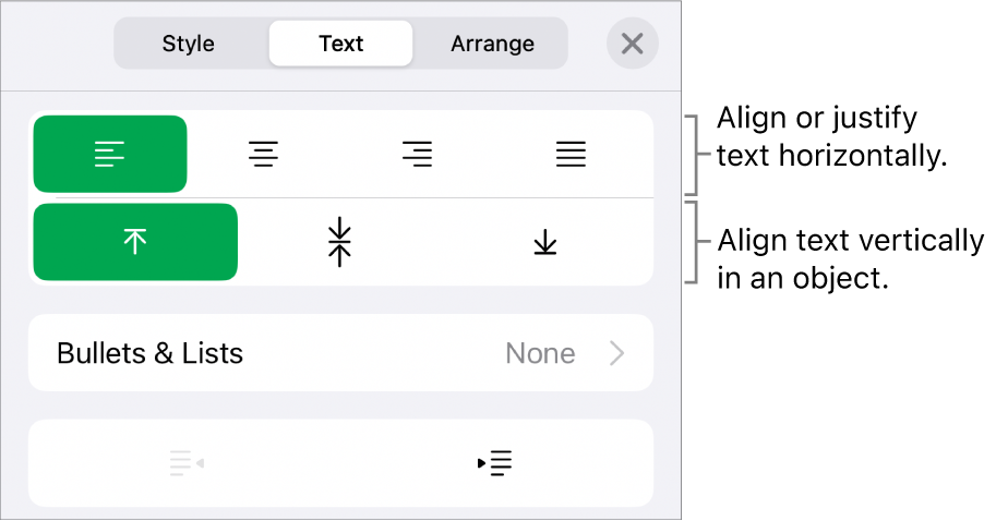 The Layout section of the Format inspector with call outs to the text alignment and spacing buttons.