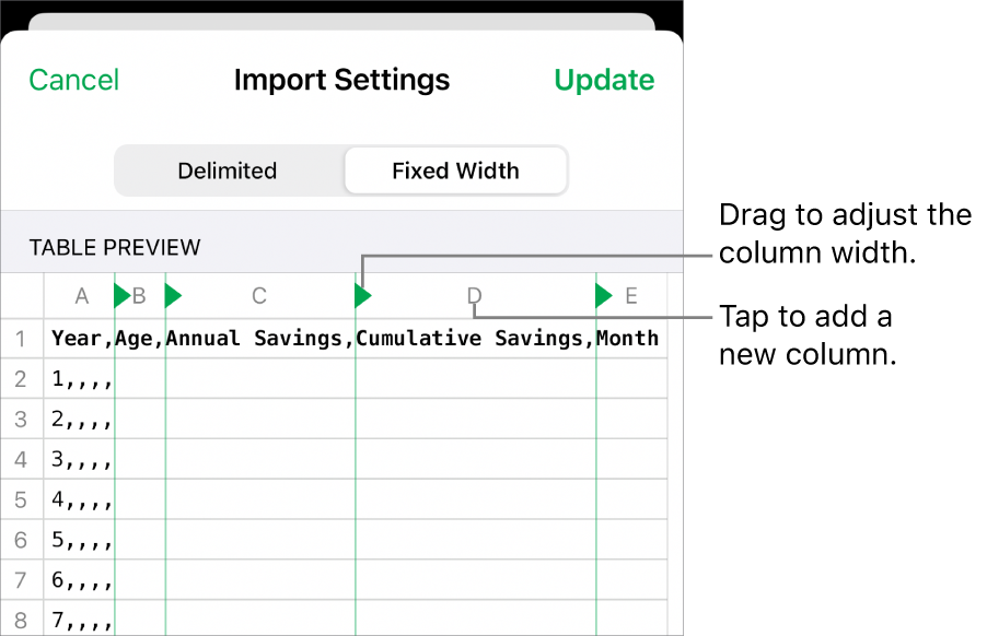 The import settings for a fixed-width text file.