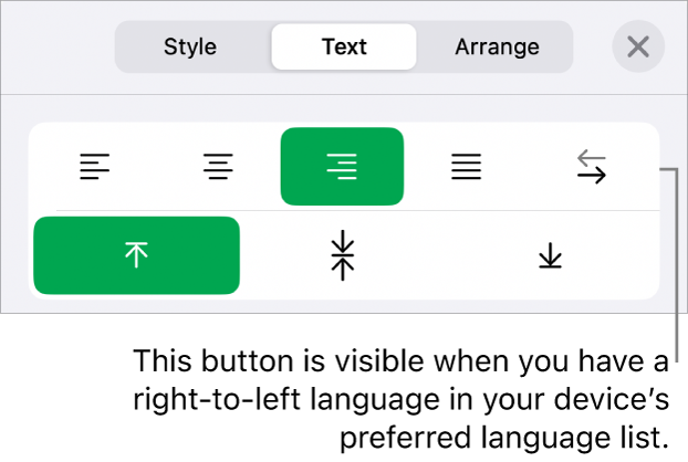 The Style section of the Format menu with a call-out to the Right to Left button.