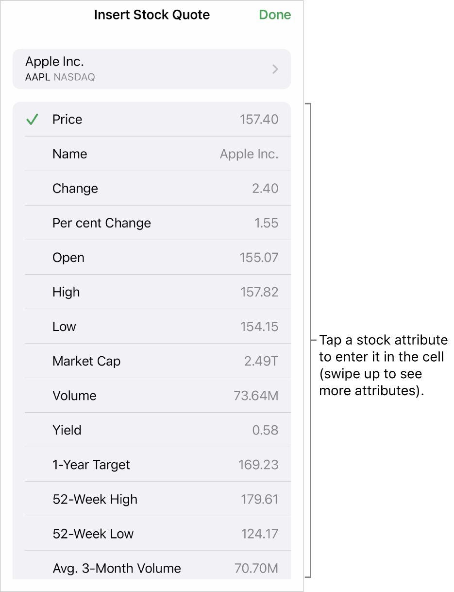 The stock quote pop over, with the stock name at the top and selectable stock attributes, including price, name, change, per cent change and open listed below.