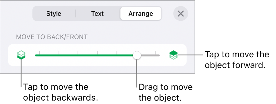 The Move Backward button, the Move Forward button and the layering slider.