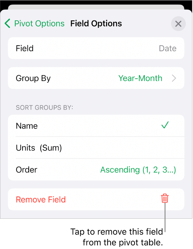 The Field Options menu, showing the controls for grouping and sorting data, as well as the option to remove a field.