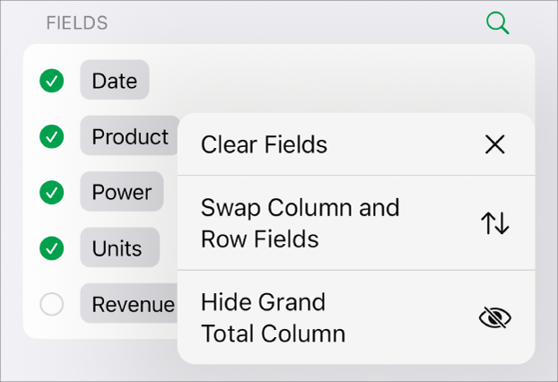 The More Field Options menu, showing the controls to hide grand totals, swap column and row fields, and clear fields.