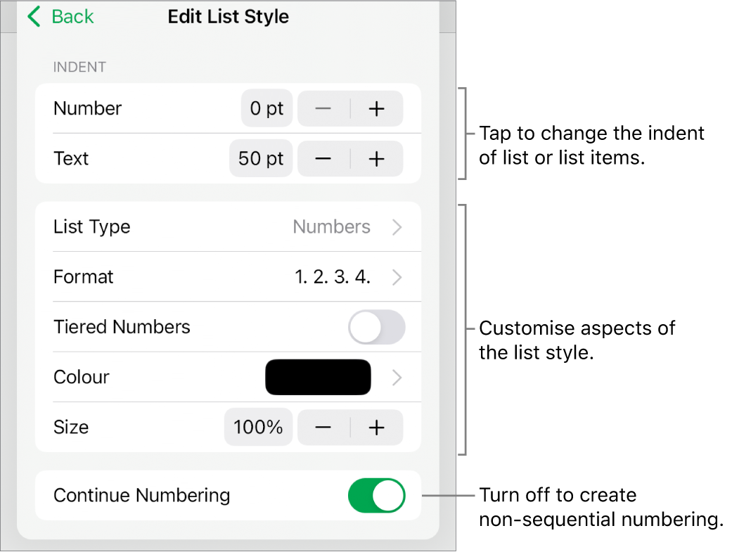 Edit List Style menu with controls for indent spacing, list type and format, tiered numbers, list colour and size, and continued numbering.