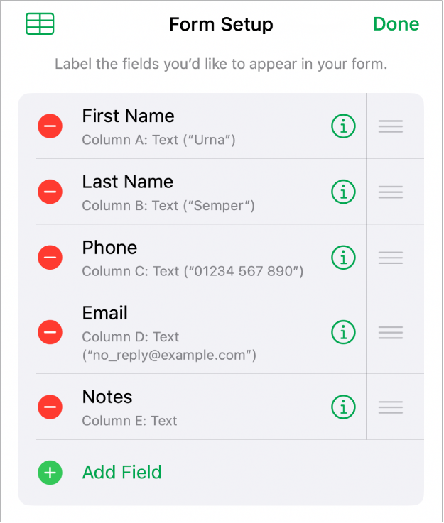 Form setup controls, showing options to add, edit, reorder and delete fields, as well as to change the format of fields (such as from Text to Percentage).