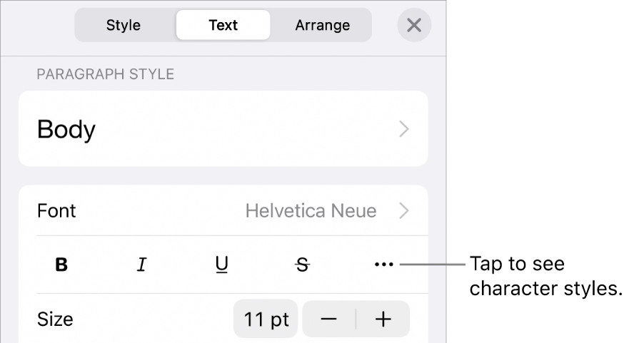 The Format controls with paragraph styles at the top, then Font controls. Below Font are the Bold, Italic, Underline, Strikethrough and More Text Options buttons.