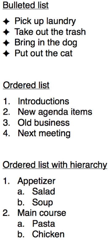 Examples of bulleted, ordered, and ordered with hierarchy lists.