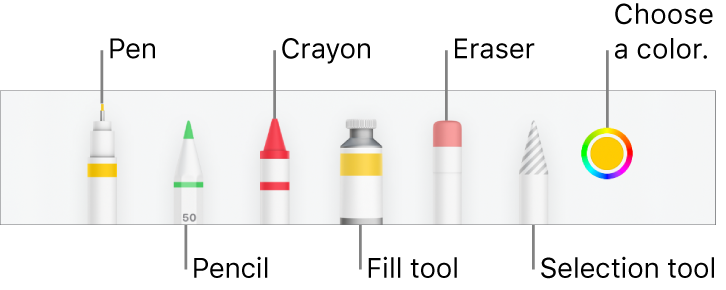 The drawing toolbar in Numbers on iPhone with a pen, pencil, crayon, fill tool, eraser, selection tool, and color well showing the current color.