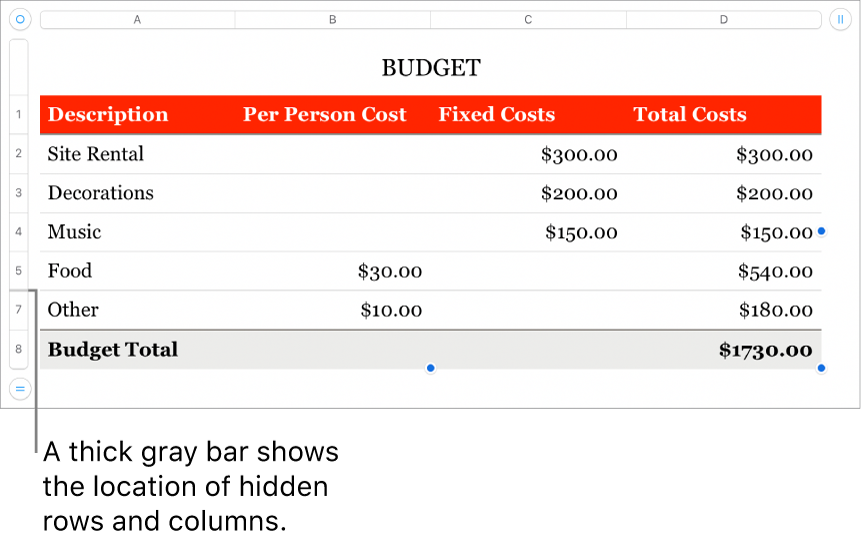 A thick gray bar that shows the location of hidden rows and columns