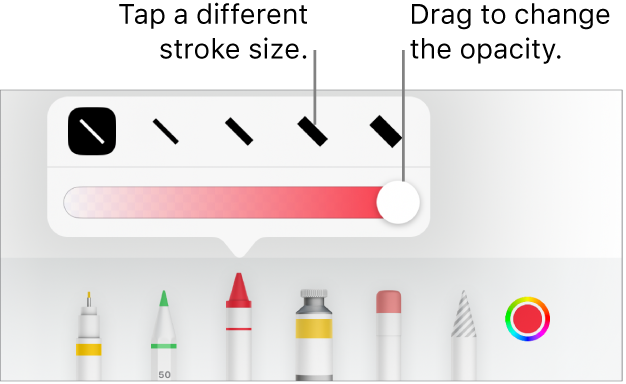 Controls for choosing a stroke size and a slider for adjusting the opacity.