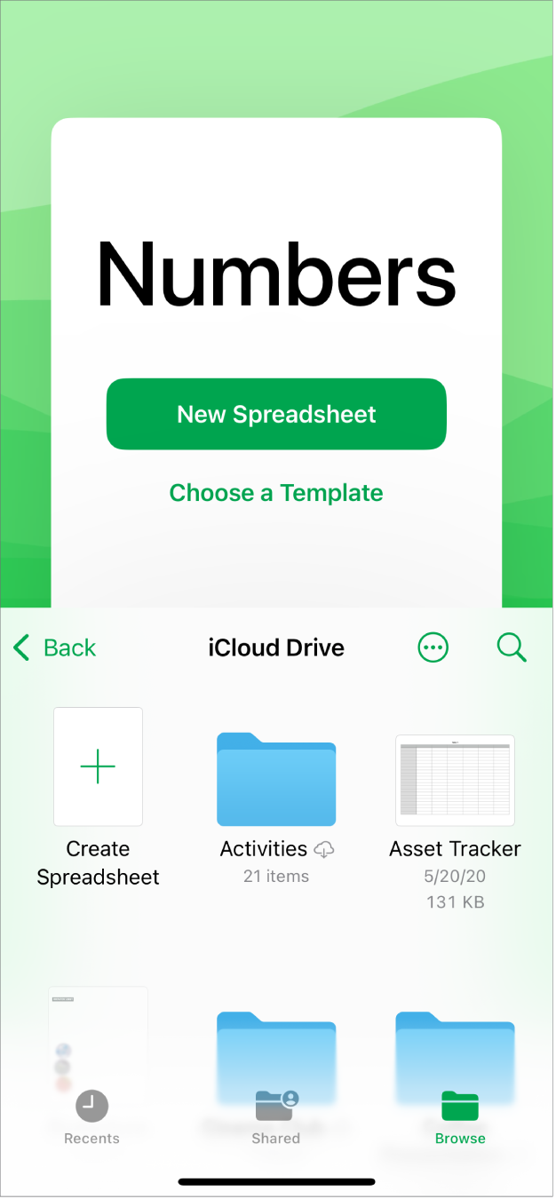 The Numbers document manager with buttons to create a new spreadsheet or choose a template at the top of the screen, and controls to open saved spreadsheet on the bottom.